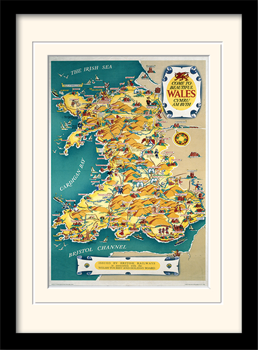 Wales Vintage Map Mounted & Framed 30 x 40cm Prints